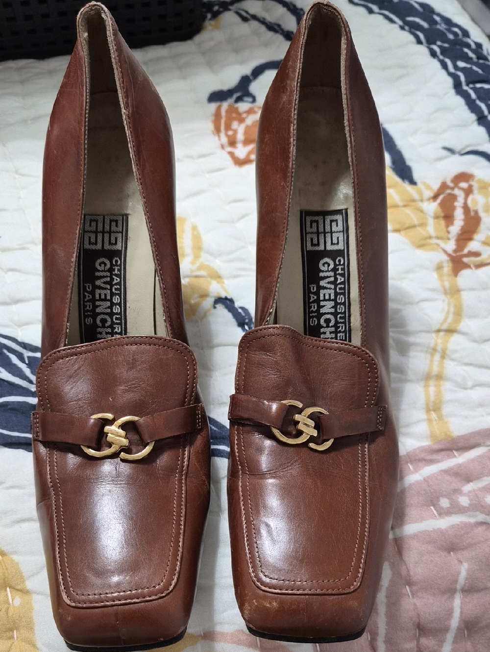 Givenchy Brown Leather Womens Block Heels with Gold Chain Accent